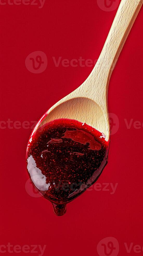 Glossy Cherry Jam on Wooden Spoon photo