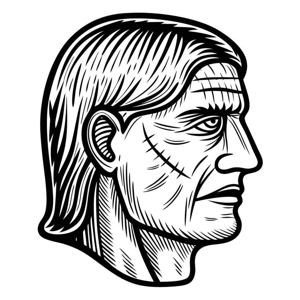 Vintage male profile illustration, rugged face with scars, long hair, masculine stern expression, etching drawing vector