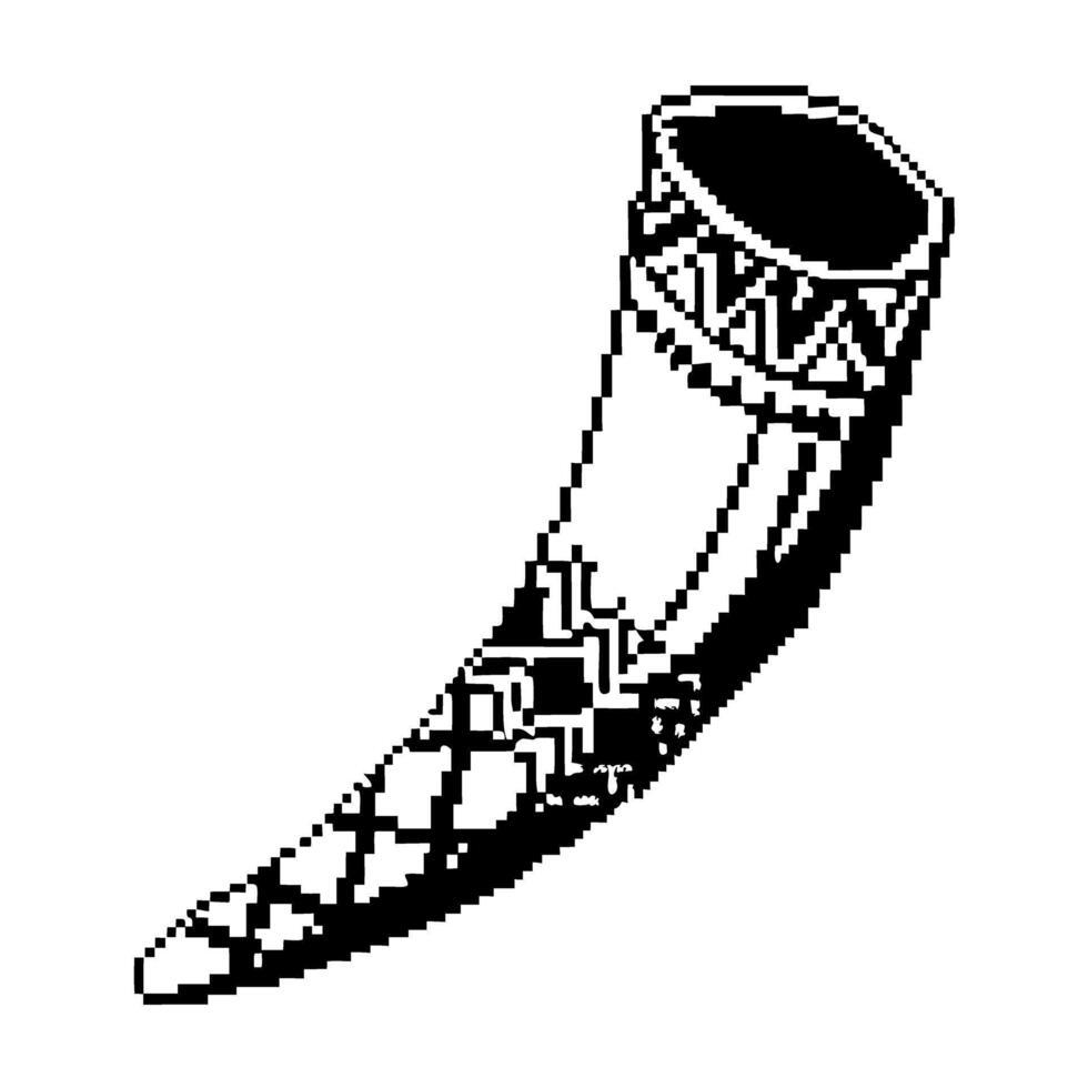 Ancient ceremonial drinking horn illustration monochrome pixel art, ornate traditional pattern, historical artifact concept vector