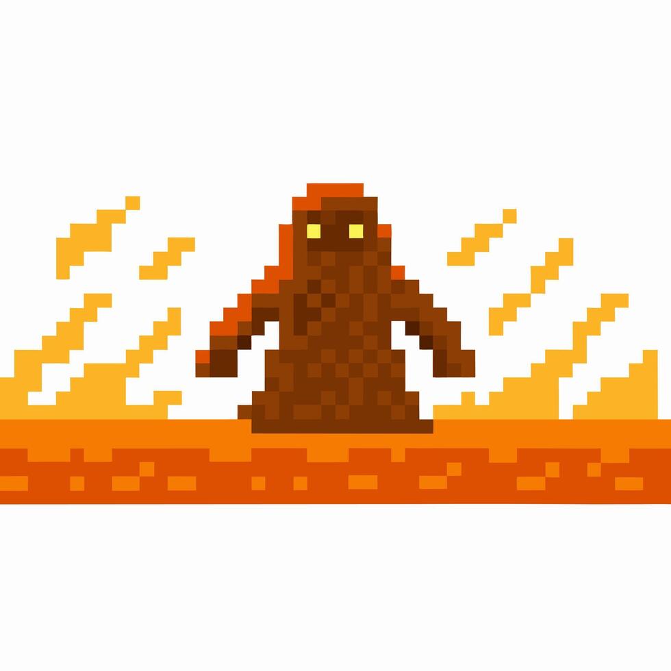 Pixel art fire elemental monster rising from lava retro game character, fiery animation, pixel fantasy enemy sprite vector