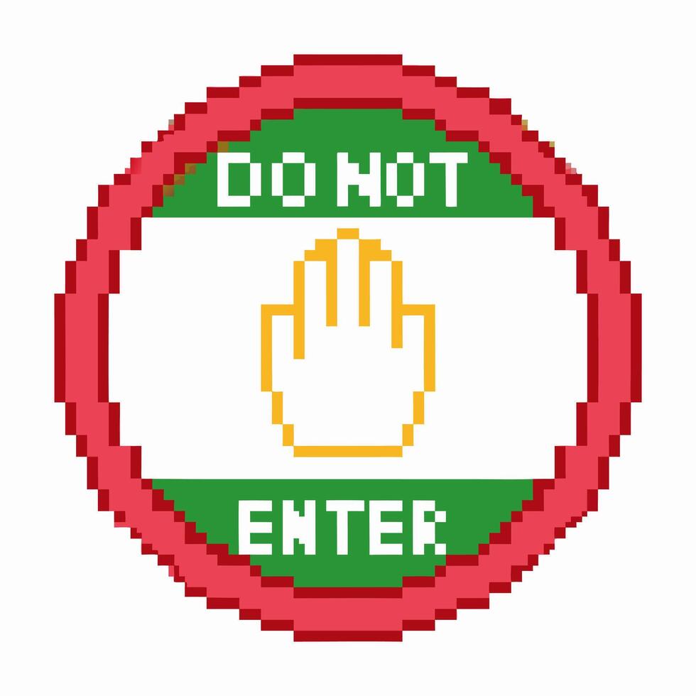 Pixelated do not enter sign with raised hand symbol red border warning icon, green and white background, digital art vector