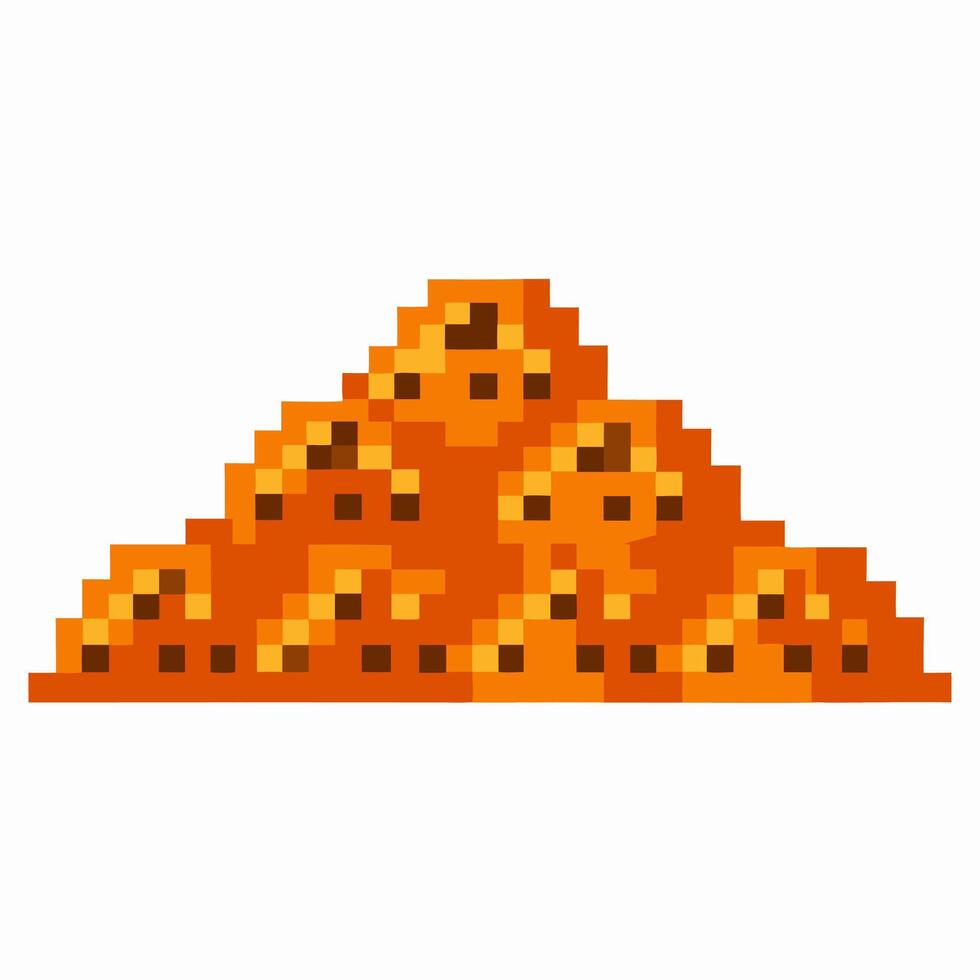Pixelated cheesy nachos pile retro orange tortilla chips, snack food, fast food appetizer, isolated on white vector