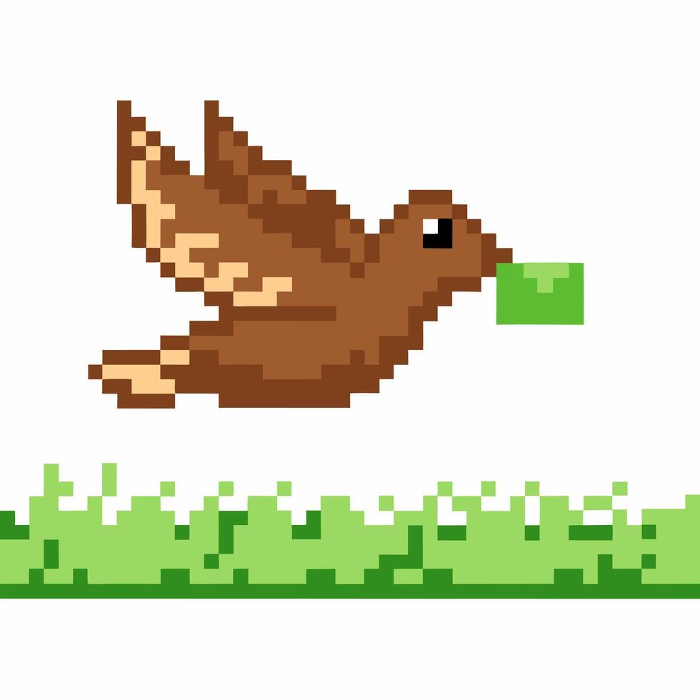 Pixel art brown bird flying with green leaf in beak over grassy ground, retro game style, isolated on white vector
