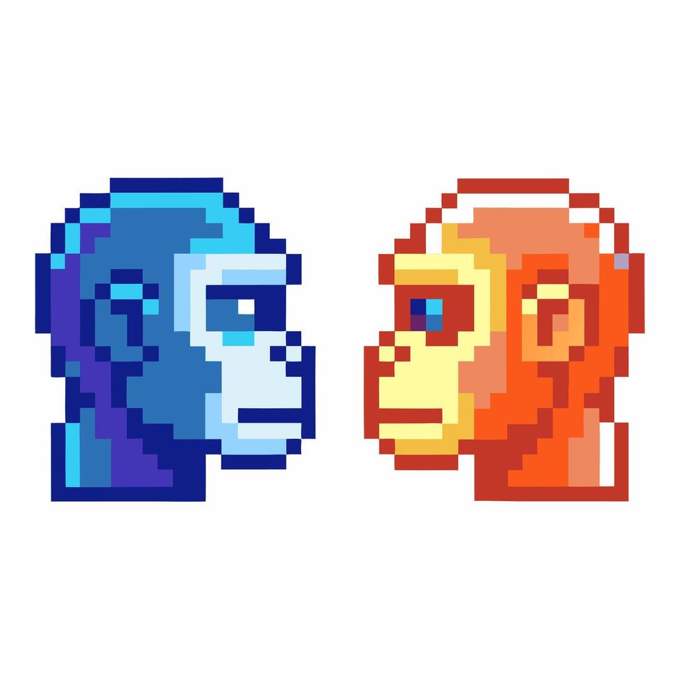 Pixel art blue and orange ape faces staring at each other digital retro pop style, pixelated monkey animal profile illustration vector
