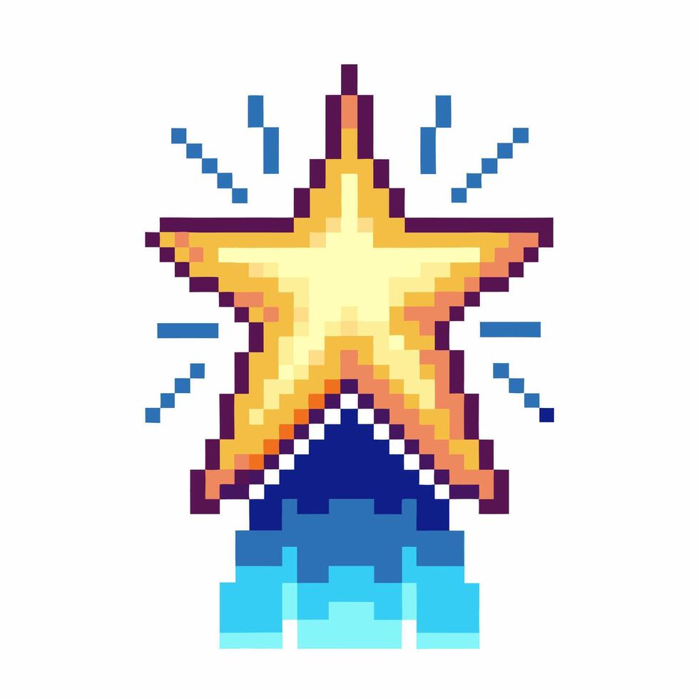 Pixel art gold star with blue trail and sparkles retro game achievement, reward, success, victory concept illustration vector