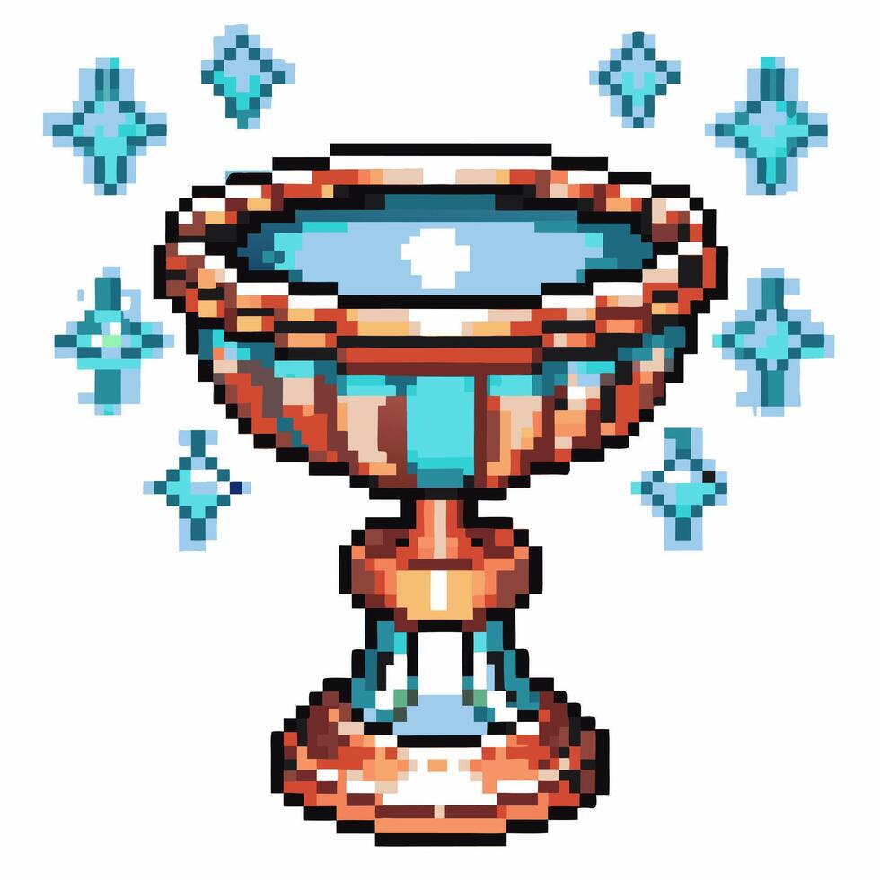 Pixel art golden chalice surrounded by sparkling blue stars, retro game trophy, digital fantasy reward icon vector