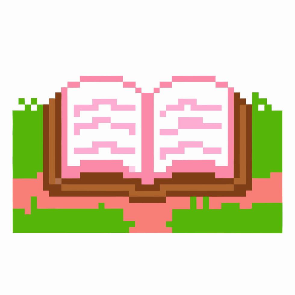 Retro open book icon pixel art illustrated education, vintage reading, knowledge, library or literacy concept on green background vector