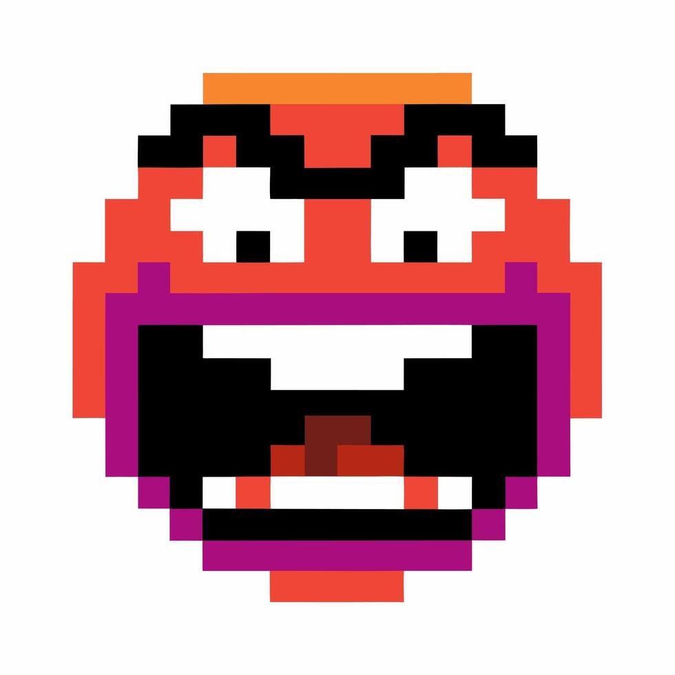 Retro pixelated angry face emoji nostalgic 8 bit expression, bold colors, digital art, emotion icon, vintage gaming vector