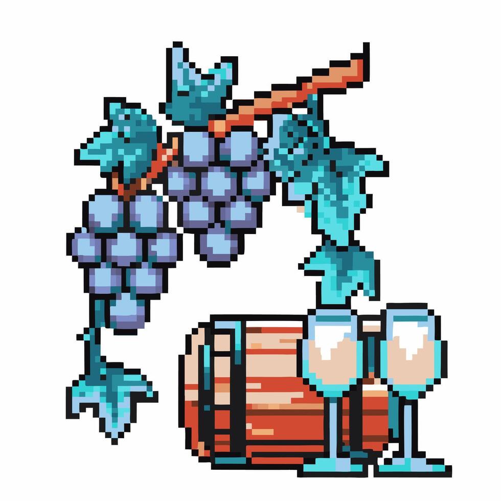 Pixel vineyard grapes with wine barrel and glasses retro digital art, viticulture harvest, beverage celebration concept vector