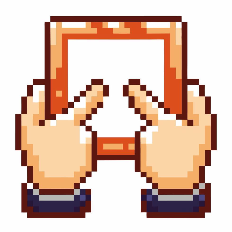 Pixel art hands framing square border digital retro gesture, creative focus, vintage interface icon, 8 bit game design element vector