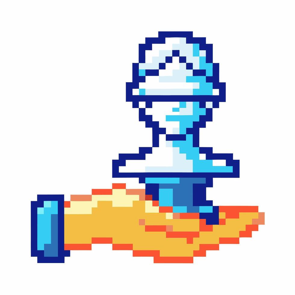Pixel art rocket launching with fire trail, retro spaceship icon 8 bit arcade gaming, digital animation element vector