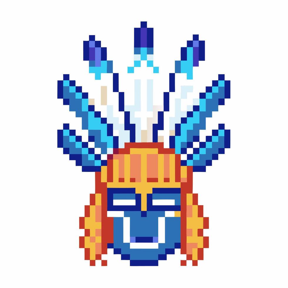 Pixel art tribal mask with blue feathers retro game style, colorful traditional face, indigenous cultural icon design vector