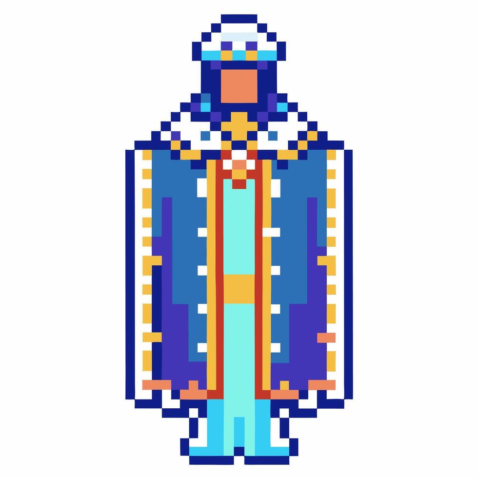 Royal king character in pixel art style, wearing a blue cloak with gold trim, medieval fantasy gaming illustration vector