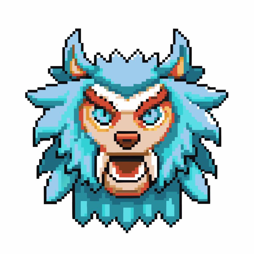 Pixel art angry wolf head with blue fur, open mouth, sharp fangs and red eyebrows retro game animal avatar icon vector