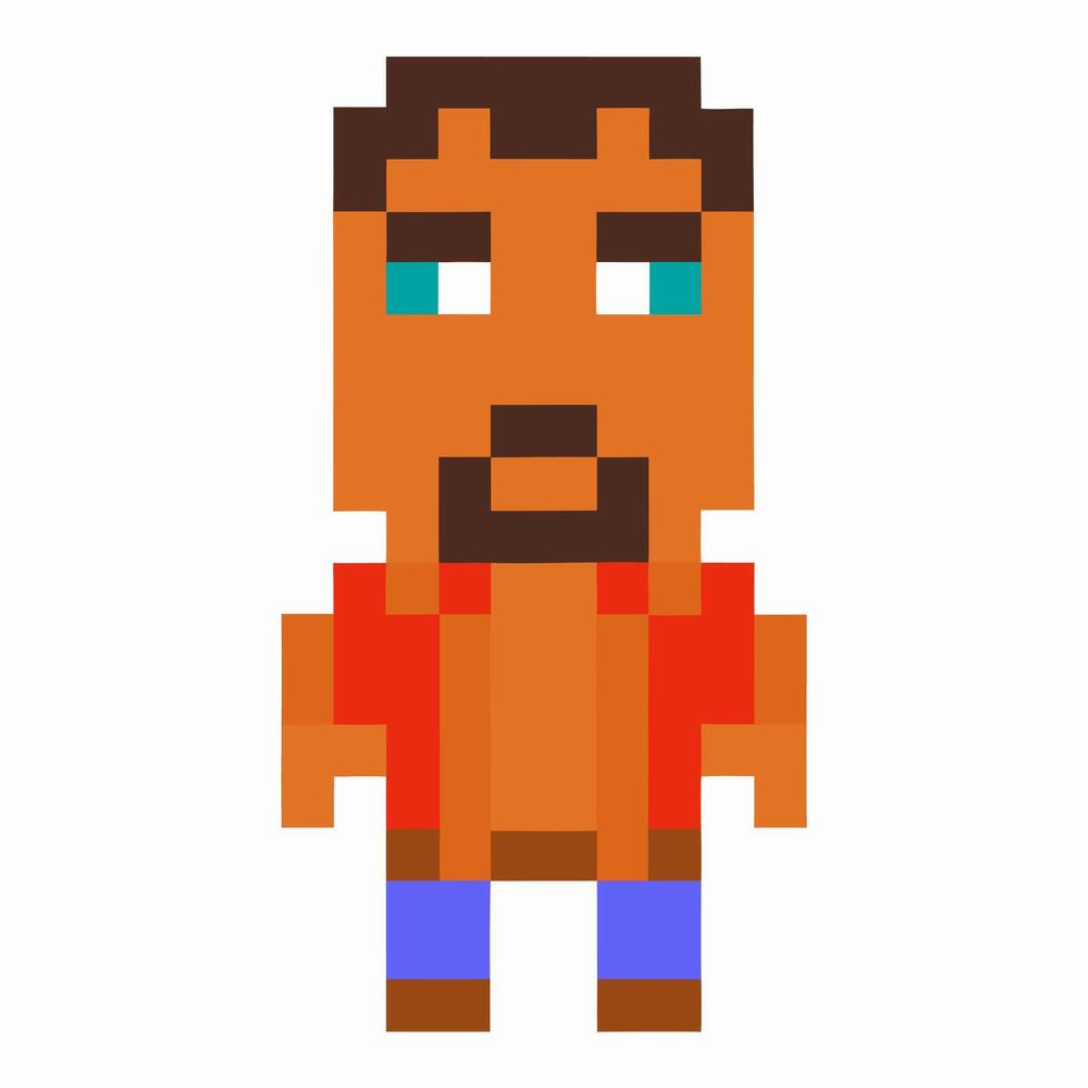 pixelated man character with brown hair, beard, orange shirt, blue pants, minimalist block art, retro game vector