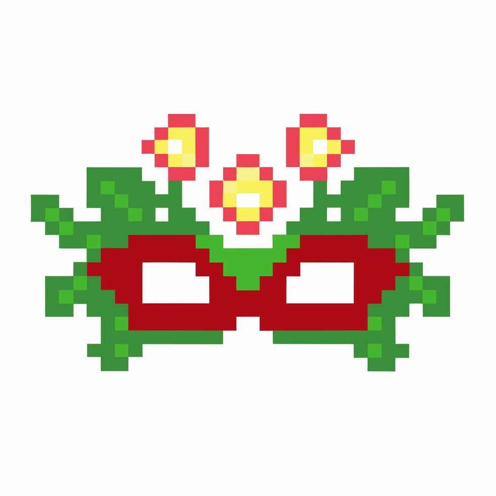 Pixel carnival mask decorated with green leaves and red flowers retro digital party costume, festive floral disguise vector