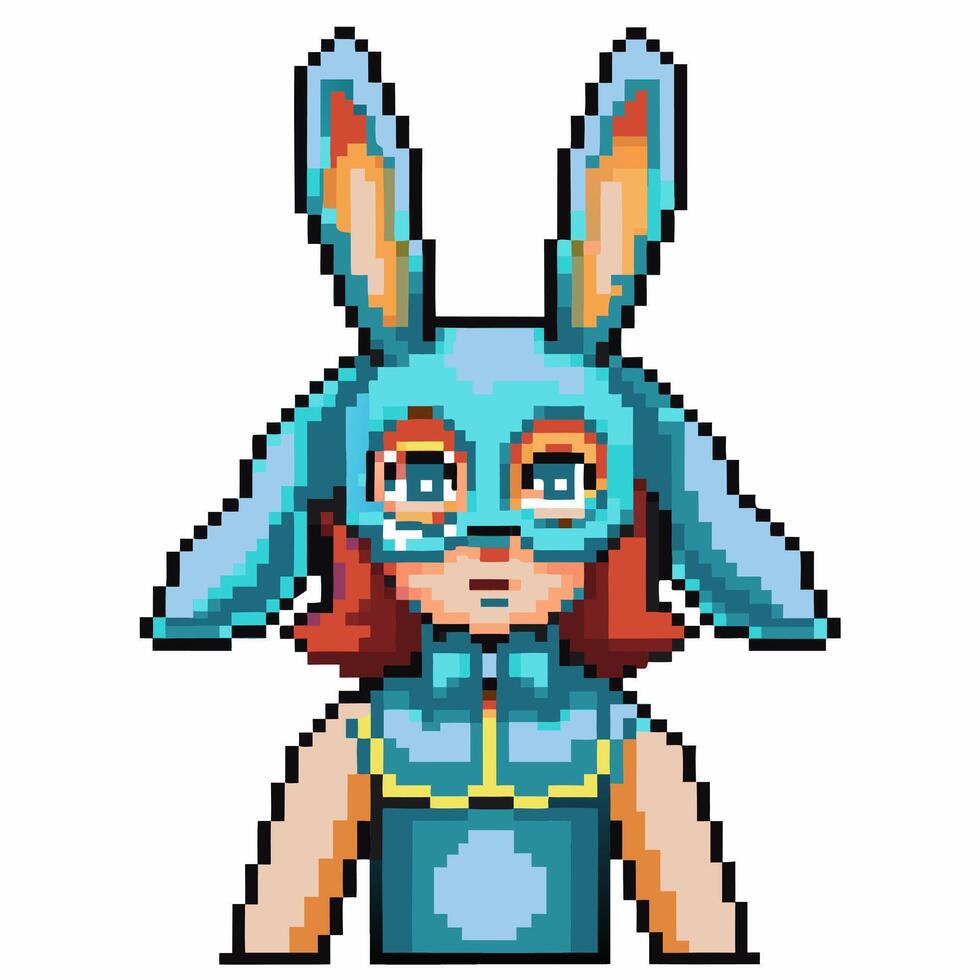 Pixel art character with blue rabbit mask and red hair retro costume, cute digital avatar, quirky fantasy design vector