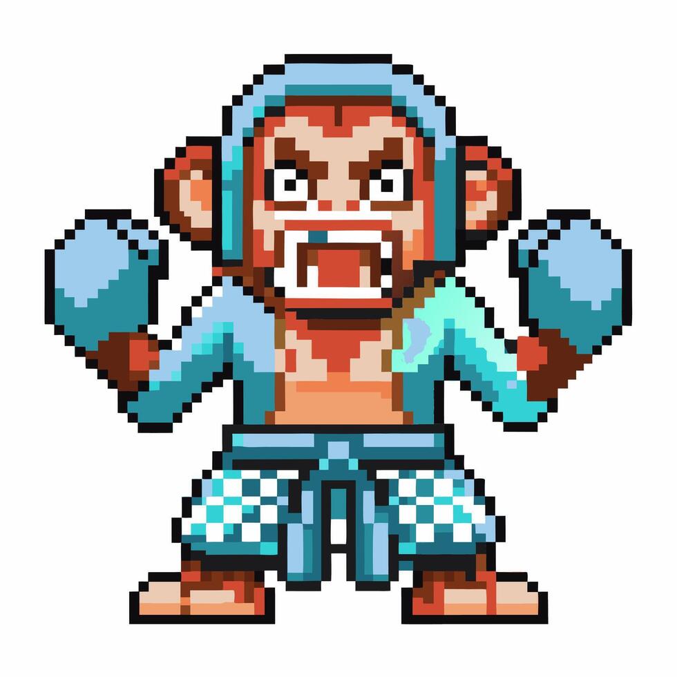 Angry boxing monkey mascot in pixel art wearing blue gloves and helmet, competitive virtual sports gaming character vector