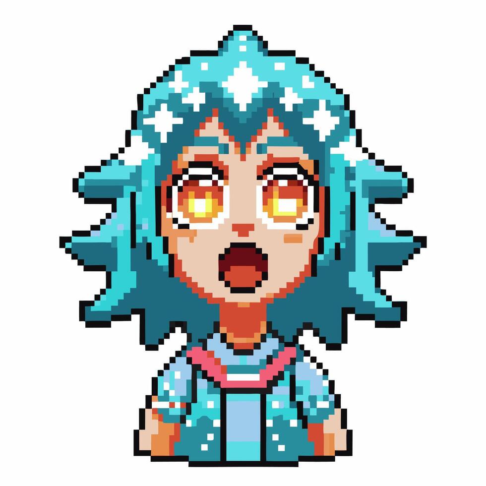 Pixel art character with glowing eyes, blue spiky hair, open mouth expression retro digital style, vibrant animated emotion vector