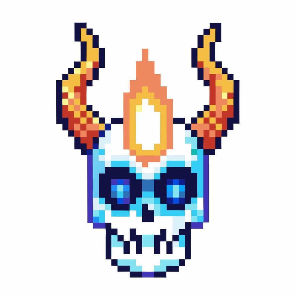 Pixel art flaming skull with orange horns and blue eyes retro game fantasy monster icon, fire and danger concept vector