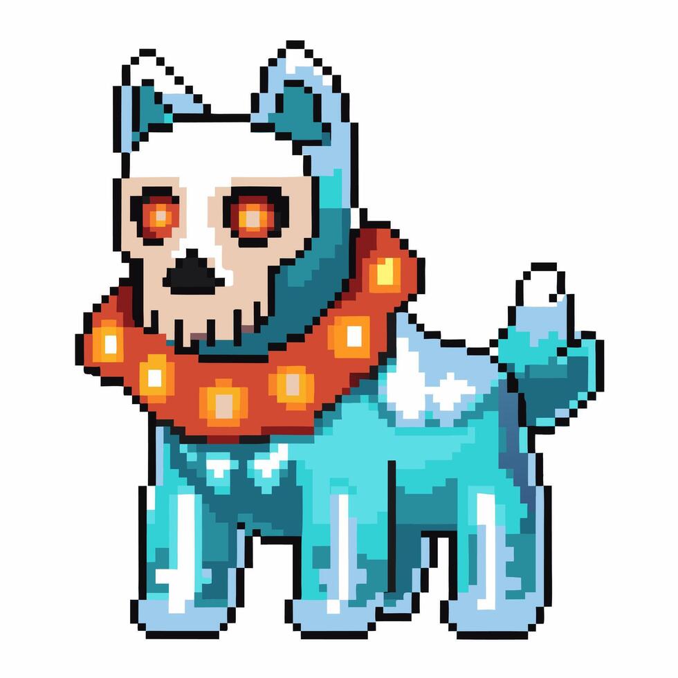 Pixel art skeleton dog with glowing eyes and orange spiked collar blue digital animal, fantasy creature design vector
