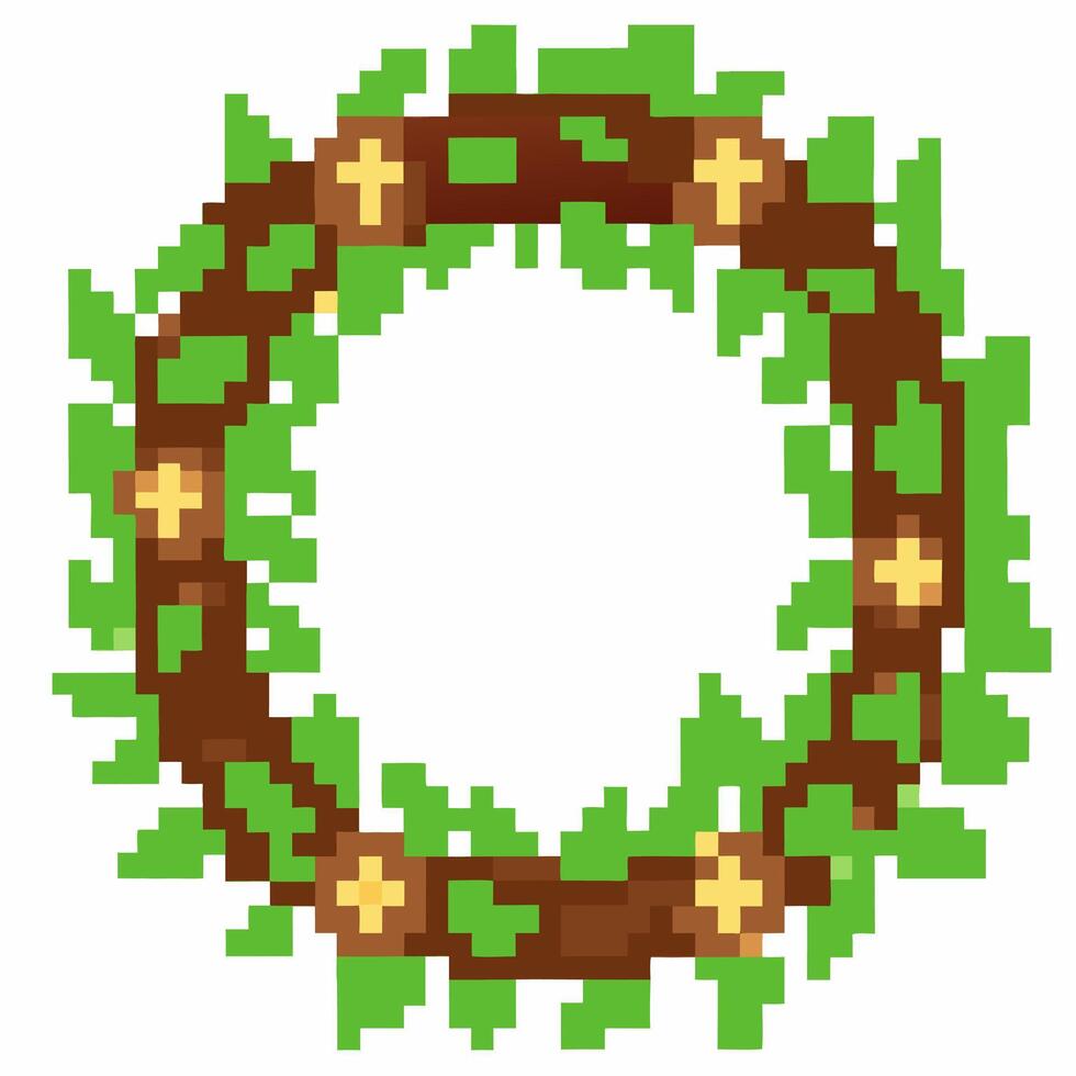 Pixelated wreath with green leaves and yellow flowers, circular shape, 8 bit style, retro holiday decoration vector