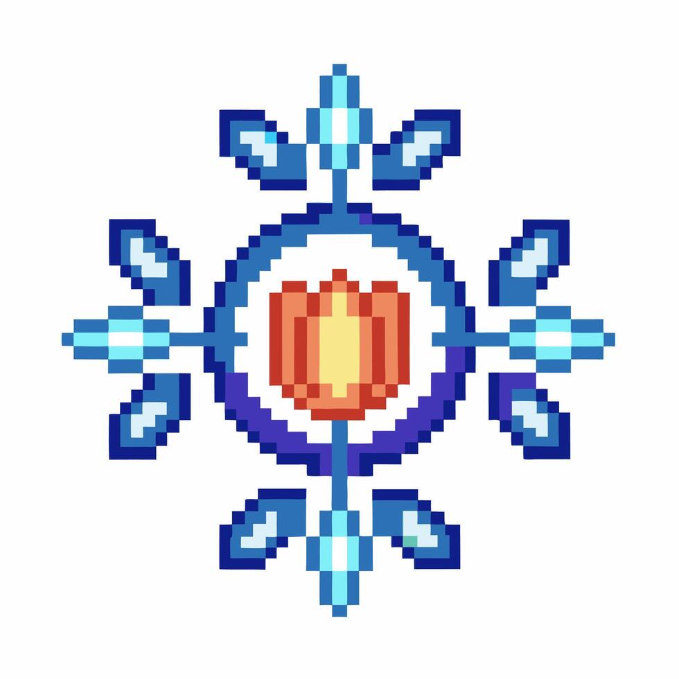 Pixel art geometric mandala with radiant blue symmetrical pattern and orange central symbol, isolated on white background vector