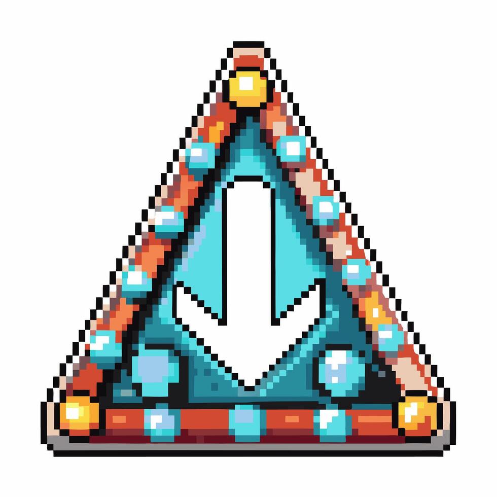 pixelated triangular sign with downward arrow, blue and brown border, illuminated bulbs, retro game user interface vector
