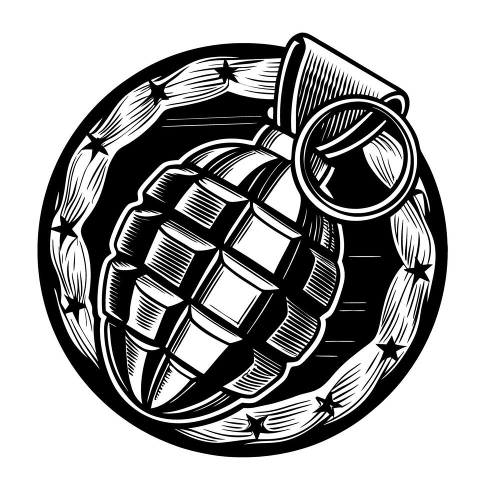 Hand grenade illustration with barbed wire circle monochrome retro military weapon, explosive danger, security concept vector