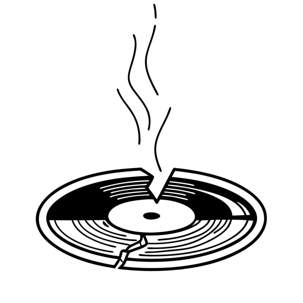 Broken vinyl record with rising smoke cracked disc symbolizes damaged music, retro nostalgia, loss, destruction, or audio malfunction vector