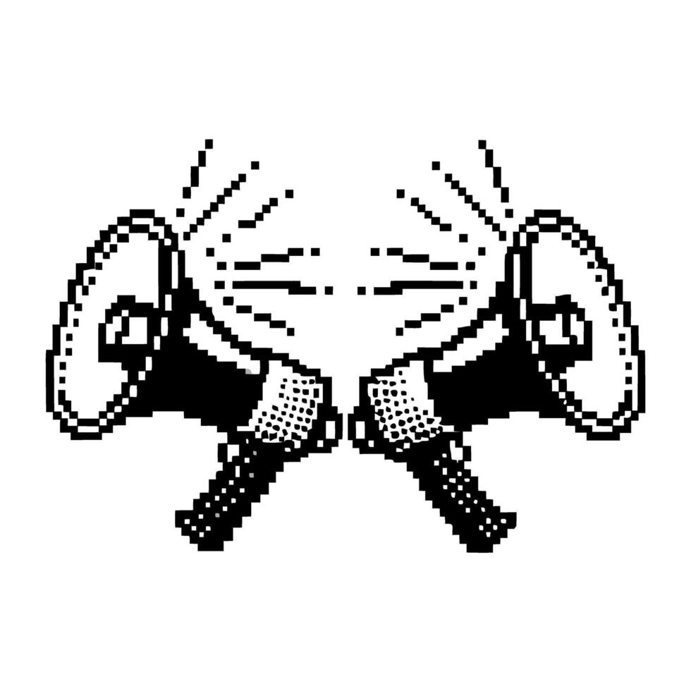 Pixel art megaphones broadcasting sound retro black and white loudspeakers, communication, announcement or alert symbol vector