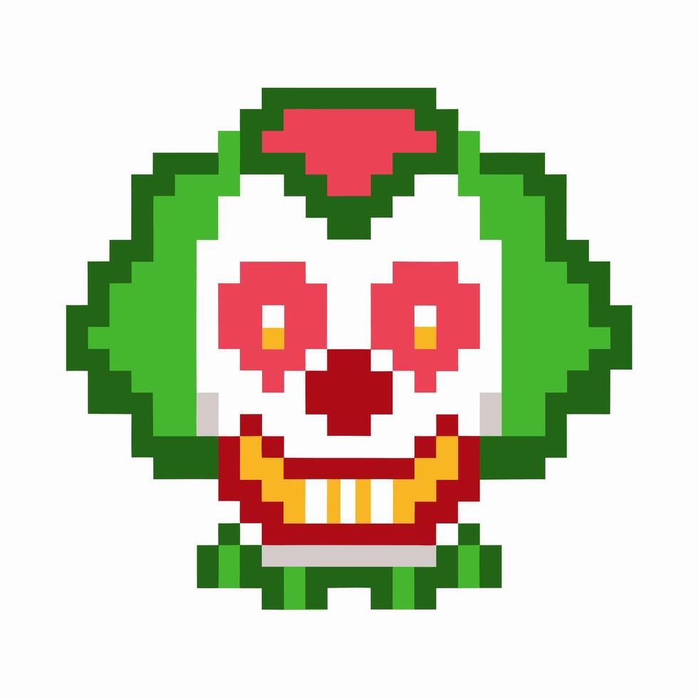 Pixel clown face illustration with vibrant green hair, red nose, retro digital style, creepy smiling expression vector