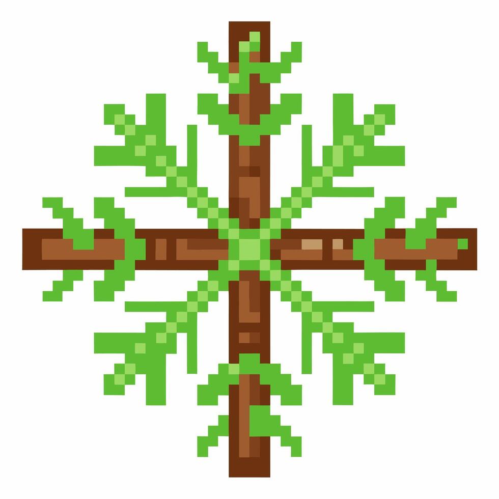 Pixel art green foliage cross, symmetrical botanical design with leafy branches, digital eco nature illustration vector