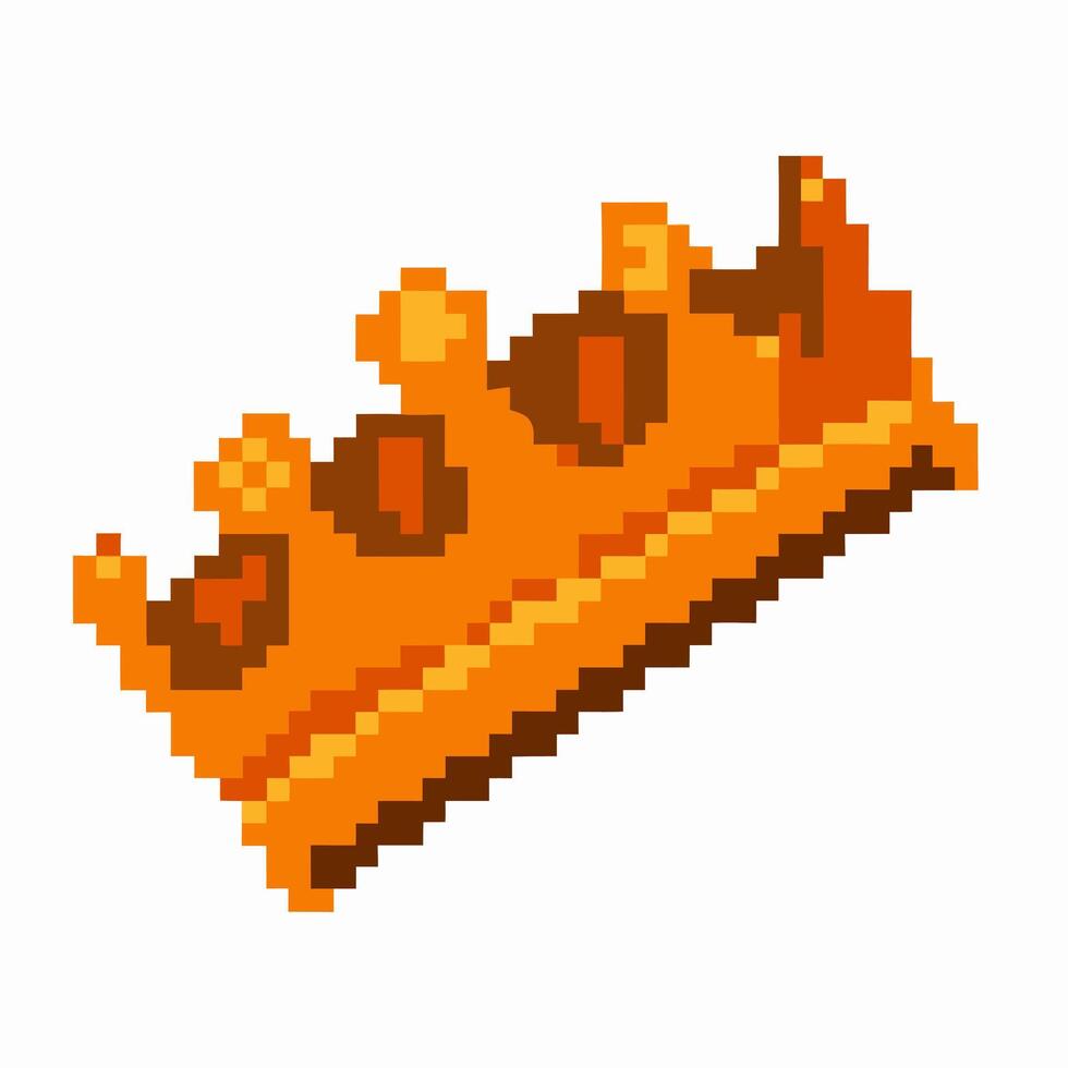 Pixel art golden crown tilted on white background retro game royal headpiece, symbol of victory and leadership vector