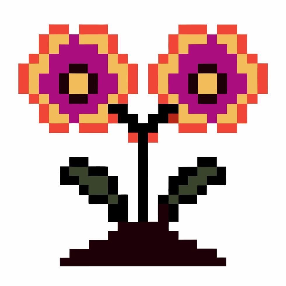 Colorful pixel art double flower with purple and yellow petals, green leaves, retro game icon illustration vector