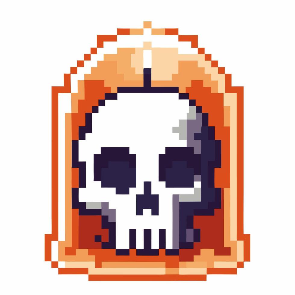 Pixel art skull inside glowing orange bell jar retro 8 bit icon symbolizing danger, death, game, fantasy, warning vector