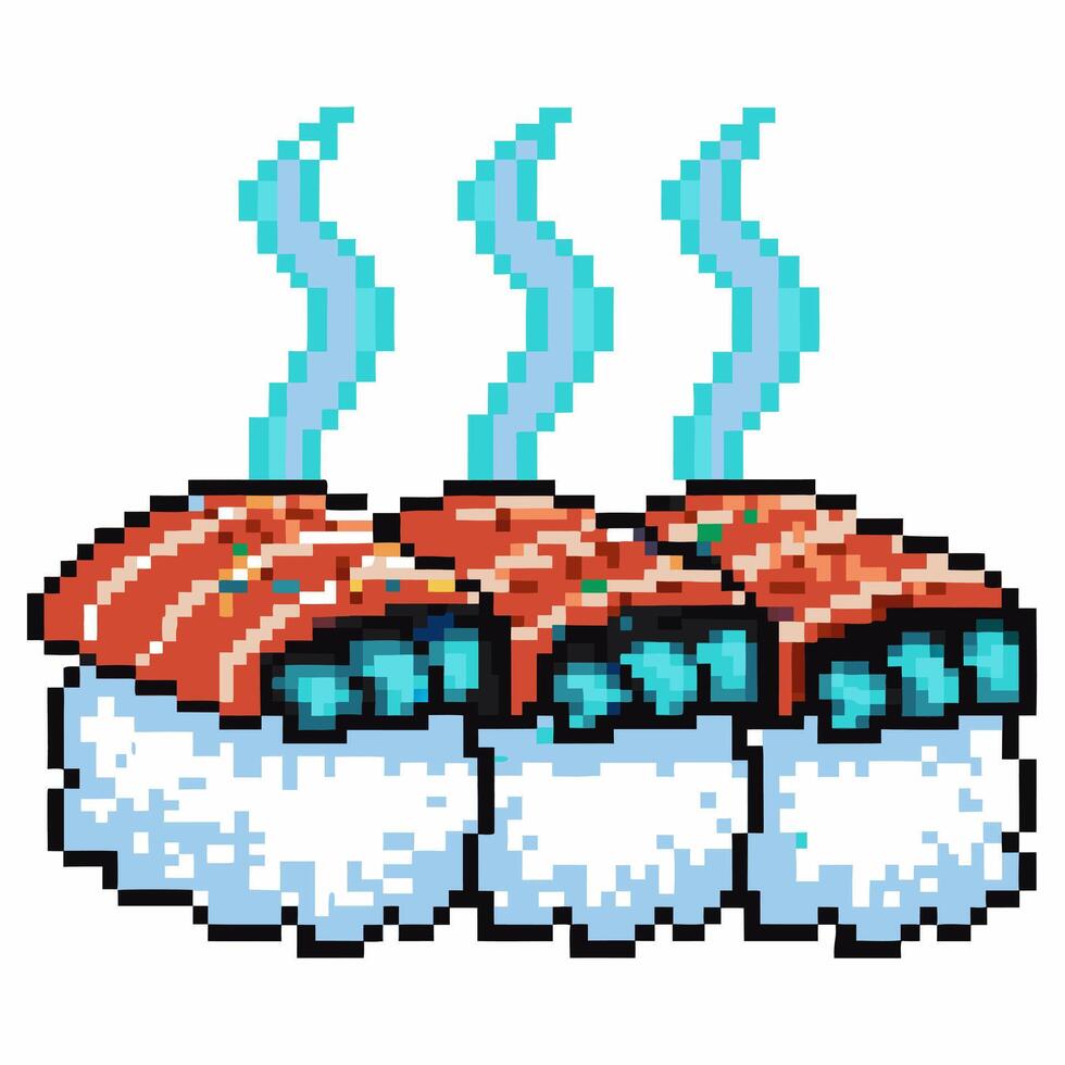 Pixel art sushi trio with steam, isolated on white retro digital illustration of fresh cooked seafood rice rolls vector