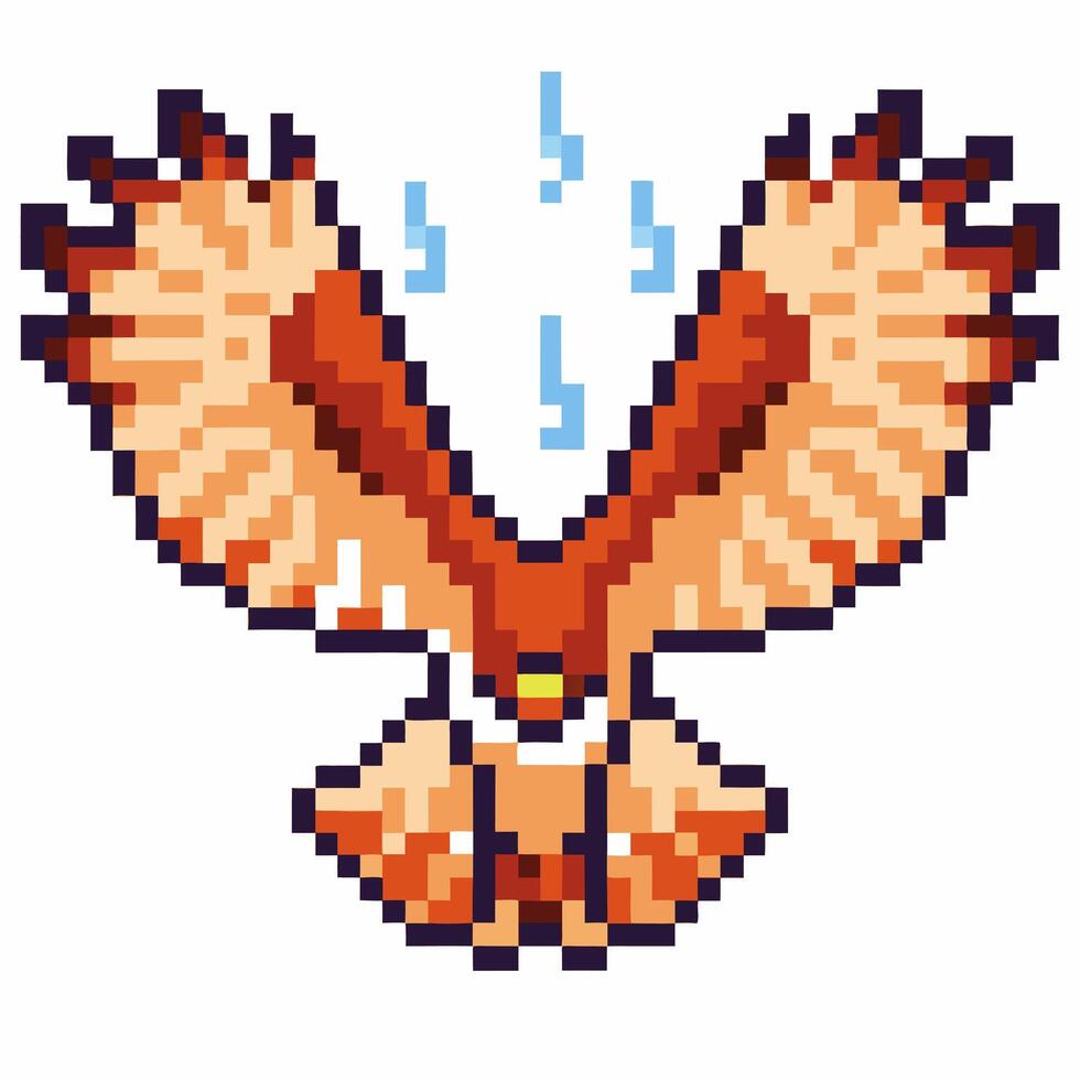 Pixel art soaring eagle with spread wings, retro game style, pixelated bird in flight, vintage digital illustration vector