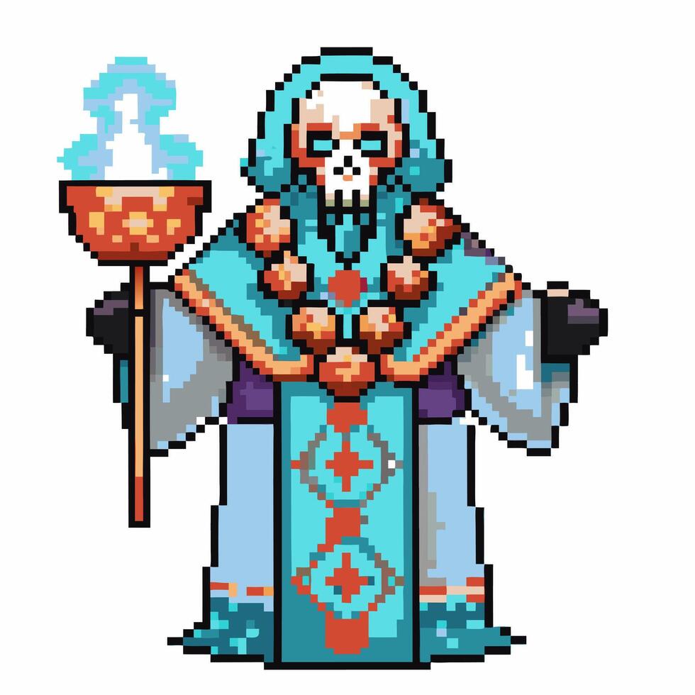 Pixel art skeleton mage in blue cloak holding staff vintage fantasy character, retro game wizard design, undead magic sorcerer vector