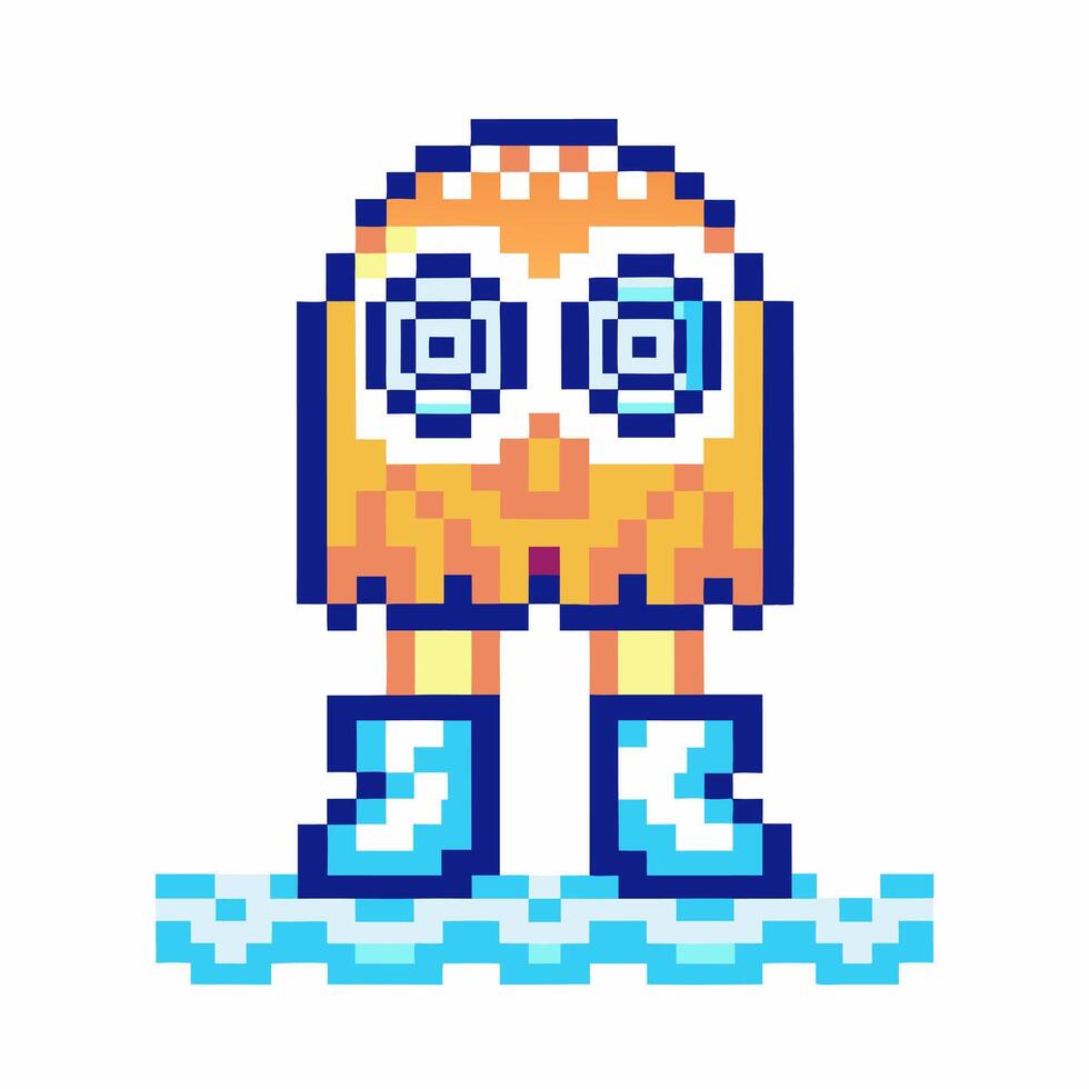 Retro pixel art owl character standing on icy platform, big blue boots, retro gaming style, digital design inspiration vector