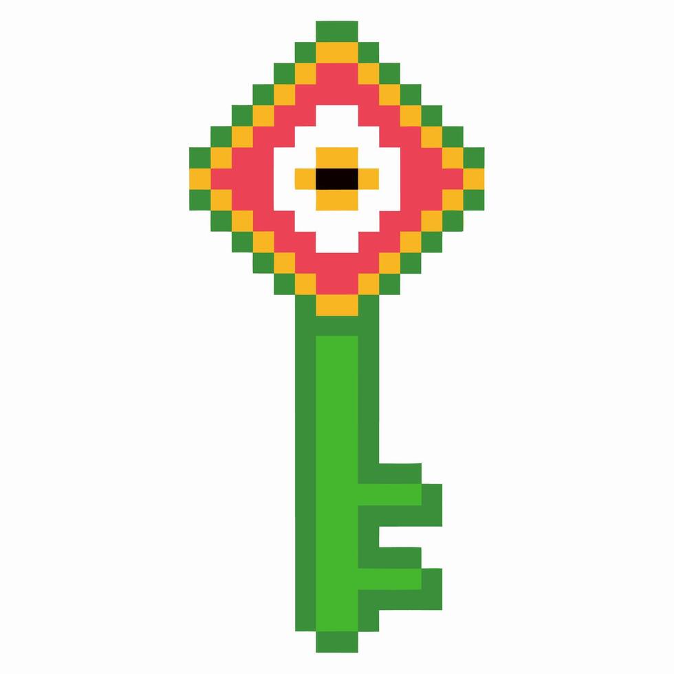 Pixel art green key with colorful diamond head, simple geometric icon, retro gaming style, digital security concept vector