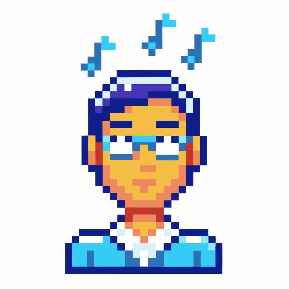 Pixel art thinking man character with glasses, blue hair, confusion, and question marks retro 8 bit emotion concept vector