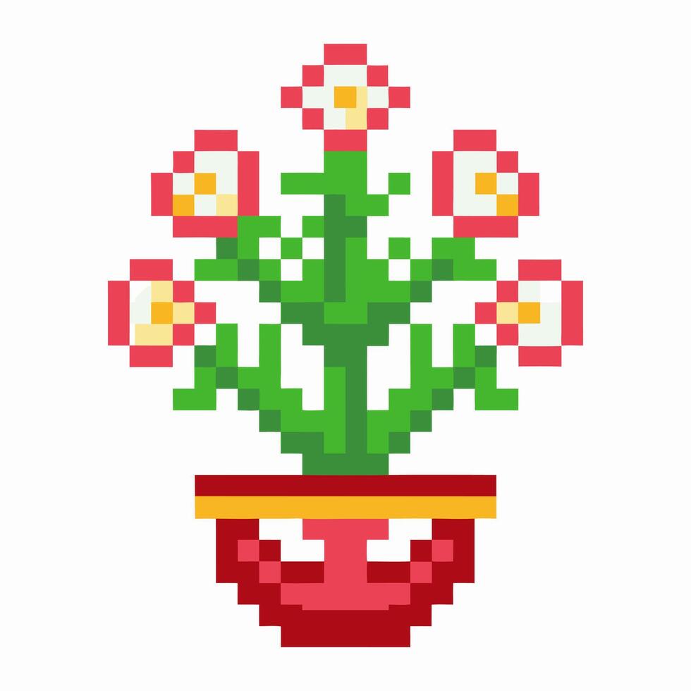 Pixel art potted flower plant with green stem and pink blossoms, retro digital graphic colorful floral illustration vector