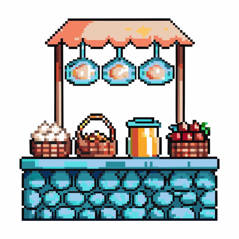 Retro pixel art market stall with stone counter, baskets of produce, lanterns, and goods for sale on white background vector