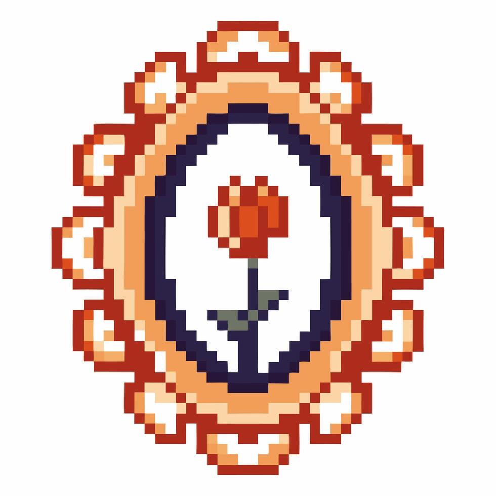 Pixel art floral frame with single red rose, vintage decorative oval border, retro digital flower icon vector