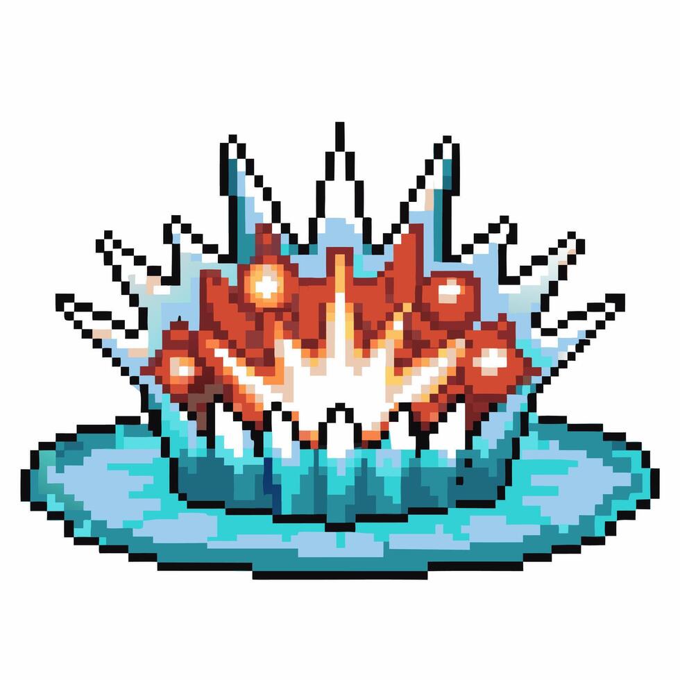 Pixel art water splash explosion retro blue waves, red sparks and impact, aquatic burst on pool surface animation vector