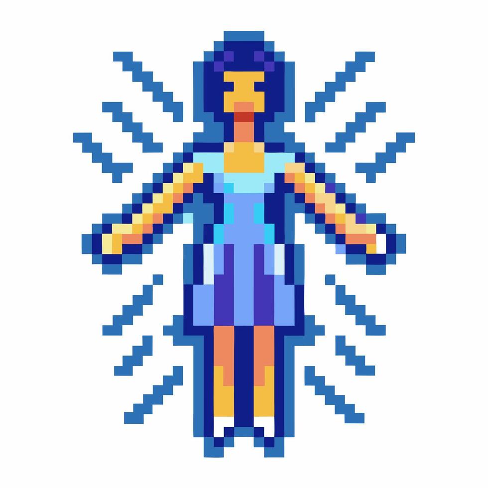 Pixel art woman floating with glowing energy lines, retro character, futuristic vibe, blue color palette vector
