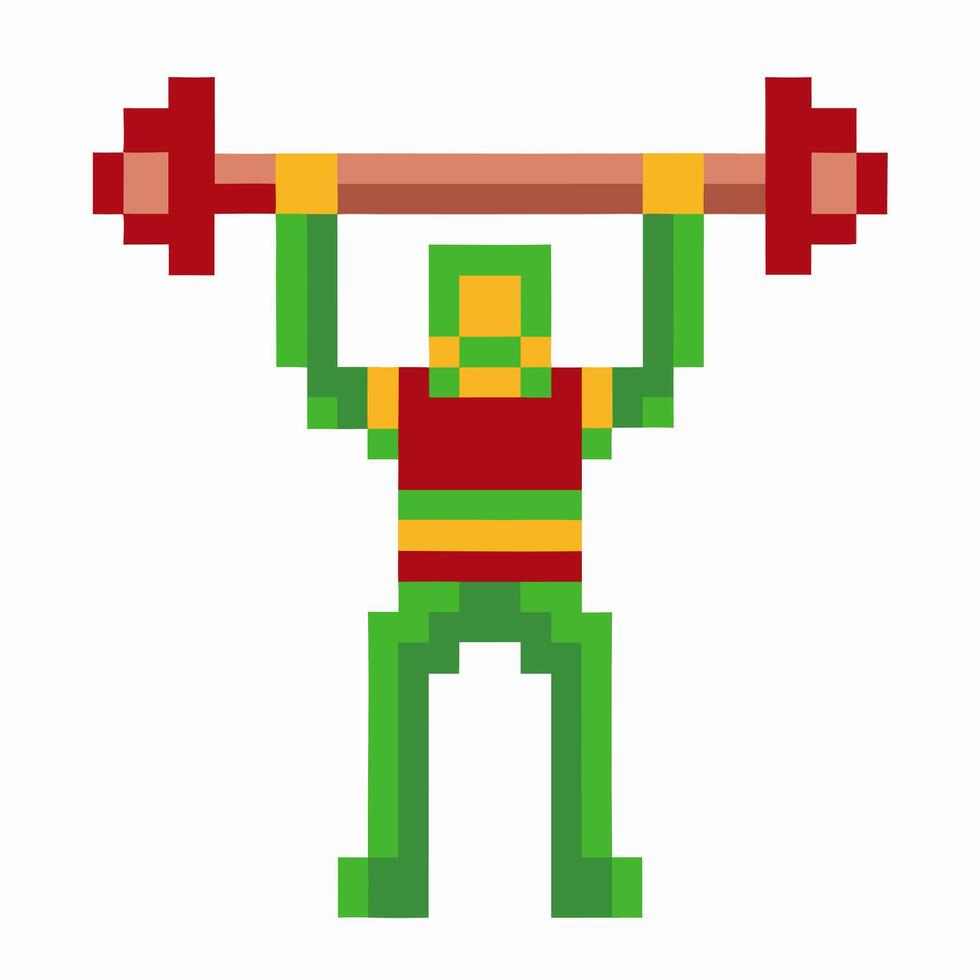 Pixel art weightlifter lifting barbell overhead retro pixelated athlete strength training, fitness workout, gym exercise concept vector