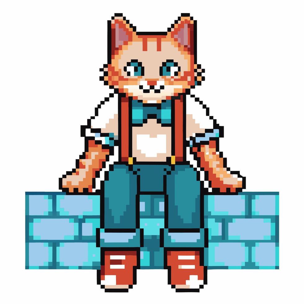 Pixel art orange cat wearing suspenders and bow tie, sitting on brick wall cute retro animal character, digital 8 bit vector