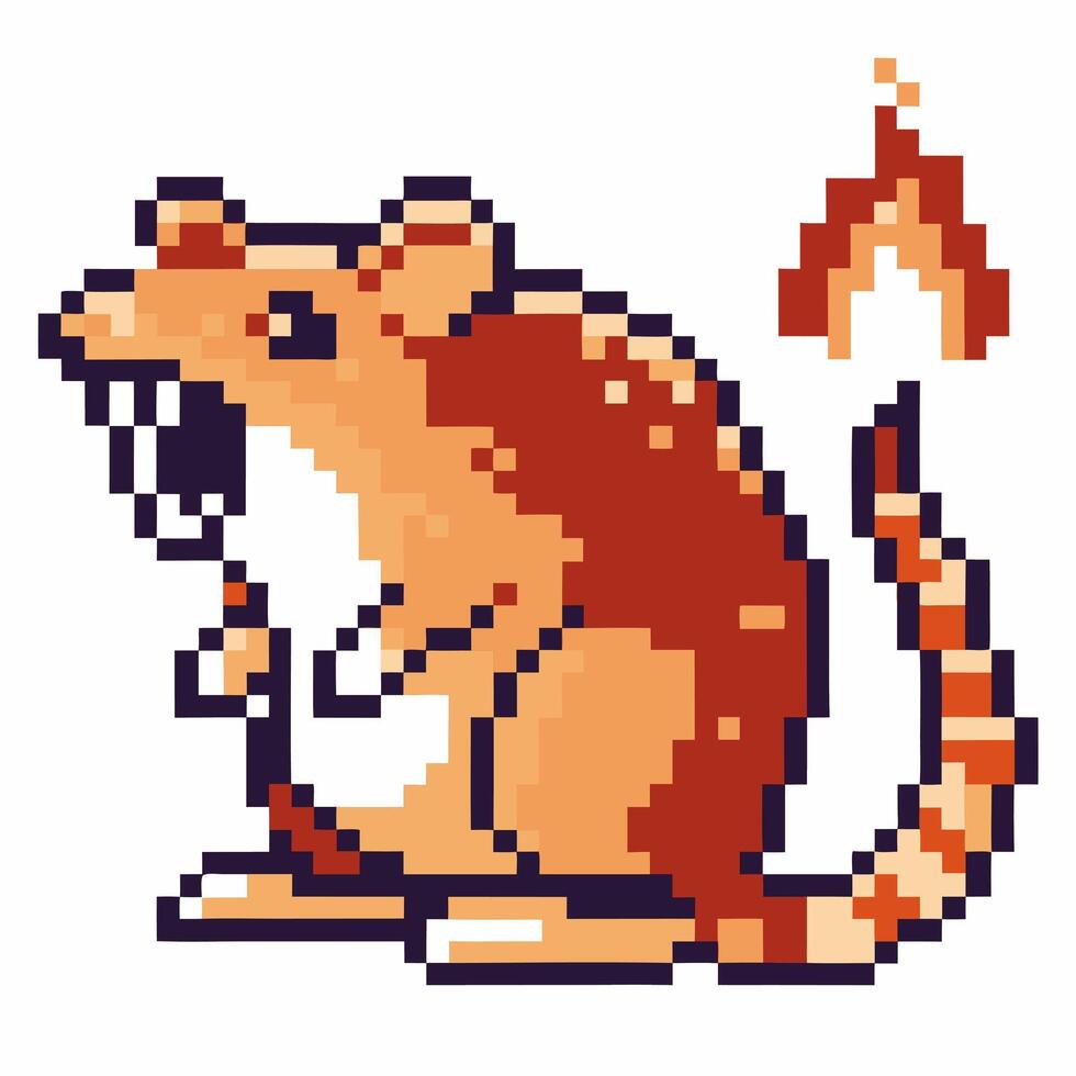 Pixel art rat roaring in profile view, open mouth and fiery tail retro gaming character, vintage digital illustration vector